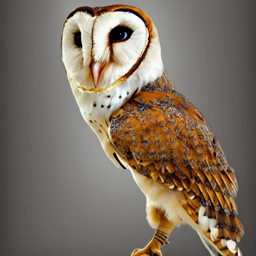 Image similar to anthropomorphic barn owl with a cute suit and neck - tie, digital art, black and white feathers