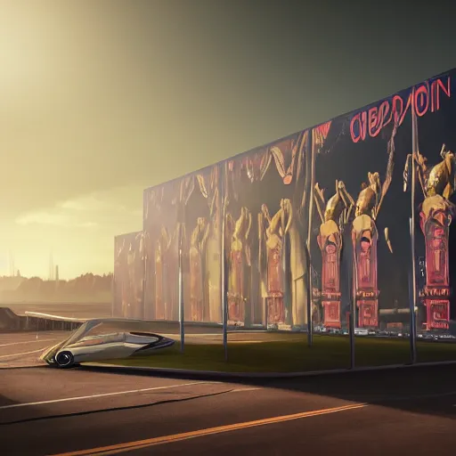 Image similar to car race sci-fi wall structure on the coronation of napoleon painting and digital billboard in the middle, unreal engine 5, keyshot, octane, artstation trending, ultra high detail, ultra realistic, cinematic, 8k, 16k, in style of zaha hadid, in plastic, dark, tilt shift,