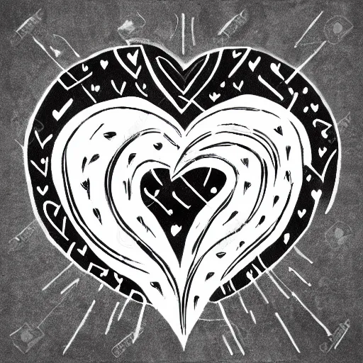 Image similar to clean black and white print, logo of an heart with a stylized human body form inside, variations