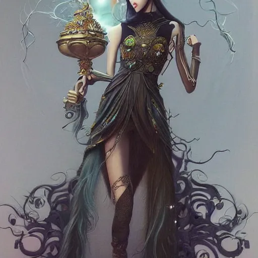 Image similar to ghibli tom bagshaw, curiosities carnival, anime soft paint of a single beautiful female full very tight long metallic suit ornate, accurate features, focus, very intricate ultrafine details, award winning masterpiece