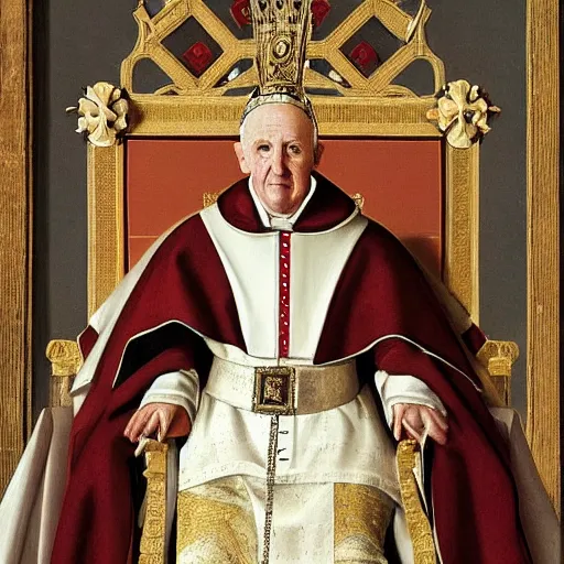 Image similar to portrait of the pope sitting in throne, highly detailed, by velazquez + van eyck