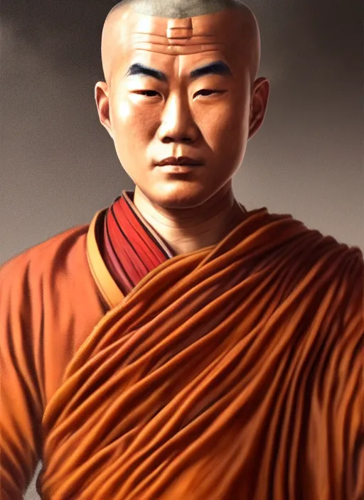 Image similar to smart tai buddhist monk, closeup portrait, without beard and mustache, historical hero, ethnic group, tai costume, tai traditional bronze headdress, intricate, with leather armor cross on bare chest, elegant, loin cloth, highly detailed, oil painting, artstation, concept art, matte, sharp focus, illustration, hearthstone, art by earl norem