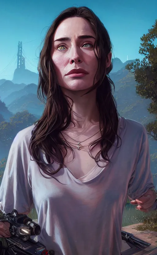 Image similar to highly detailed portrait young claire forlani in gta v, stephen bliss, unreal engine, fantasy art by greg rutkowski, loish, rhads, ferdinand knab, makoto shinkai and lois van baarle, ilya kuvshinov, rossdraws, tom bagshaw, global illumination, radiant light, detailed and intricate environment