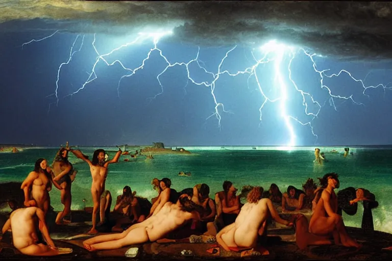 Image similar to Doomsday chaos, refracted lightnings on the ocean, thunderstorm, greek pool, beach and Tropical vegetation on the background major arcana sky and occult symbols, by paul delaroche, hyperrealistic 4k uhd, award-winning, very detailed paradise