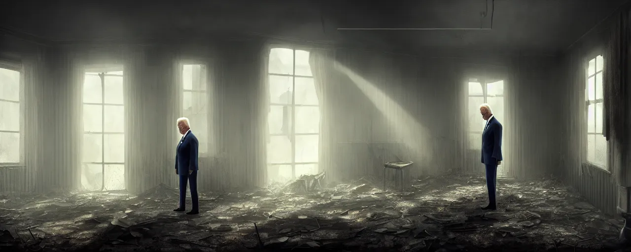 Image similar to joe biden stands alone in an abandoned derelict house with sunlight coming through old dusty windows, collapsed ceiling, dirt, old furniture, dust and cobwebs, gloomy and foggy atmosphere, hyperdetailed, artstation, cgsociety, anatomically correct, beautiful perfect face, sharp focus, highly detailed, cinematic lighting, 8 k, hd