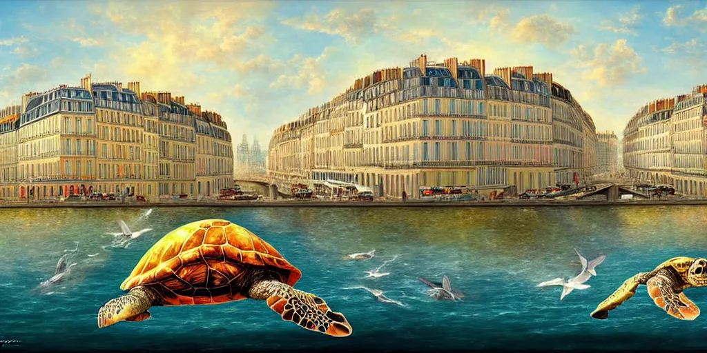 Image similar to master piece stunning digital painting of a parisian small city contained on the top of a giant sea turtle