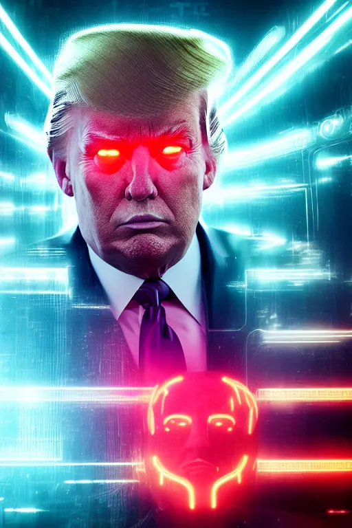 Prompt: portrait of cyber donald trump, futuristic style, neon lights, fog volumetrics, cyborg futuristic sci - fi