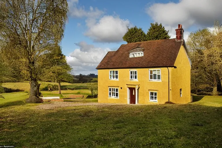 Image similar to an estate agent listing external photo of a golden 5 bedroom detached house, made of gold, metal, golden, sparkling, in the countryside, sunny day, clear skies, by Paul Lehr