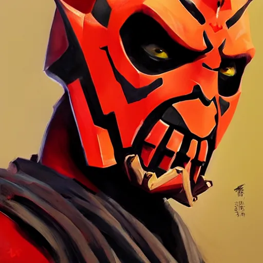 Image similar to greg manchess portrait painting of armored darth maul as overwatch character, medium shot, asymmetrical, profile picture, organic painting, sunny day, matte painting, bold shapes, hard edges, street art, trending on artstation, by huang guangjian and gil elvgren and sachin teng