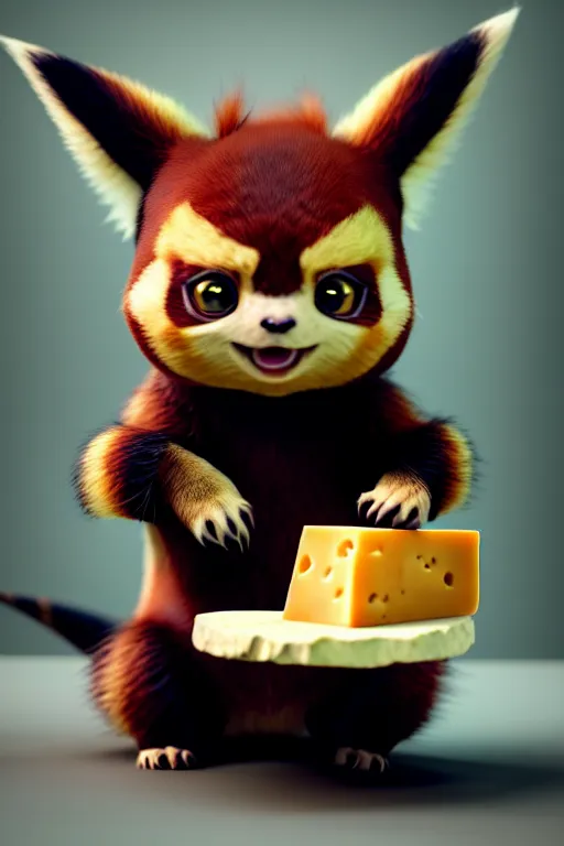 Image similar to high quality 3 d render hyperrealist very cute gothic grumpy dragon & red panda hybrid eating cheese, vray smooth, in the style of detective pikachu, very dramatic light, low angle, uhd 8 k, shallow depth or field