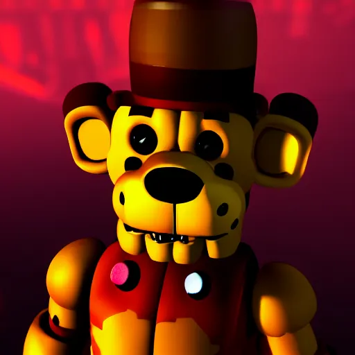 Image similar to portrait, freddy fazbear, FNAF, game screenshot, dramatic lighting, blood, cinematic, fog, establishing shot, action shot, dynamic pose