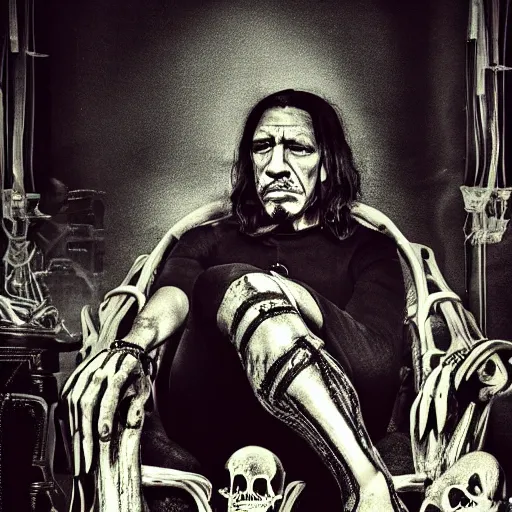 Image similar to a photo of a sad victorian gothic danny trejo sitting on a sofa of bones surrounded by a cyber futuristic cityscape made of human body parts, lighting, 5 0 mm, perfect faces, award winning phhotography