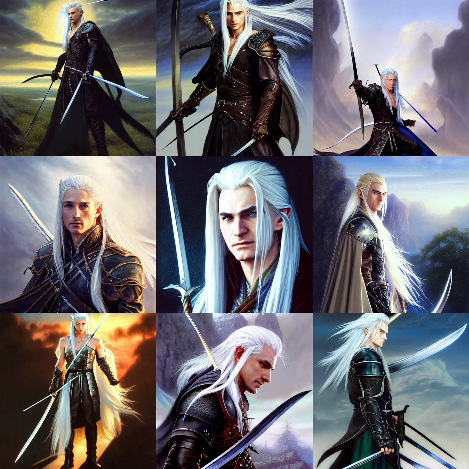 Prompt: Sephiroth as Legolas by Alan Lee, (golden hour), final fantasy, d&d, highly detailed, digital painting, artstation, concept art, smooth, sharp focus, illustration, ArtStation, art by artgerm and greg rutkowski and Hikari Shimoda and Edmund Blair Leighton and Charlie Bowater