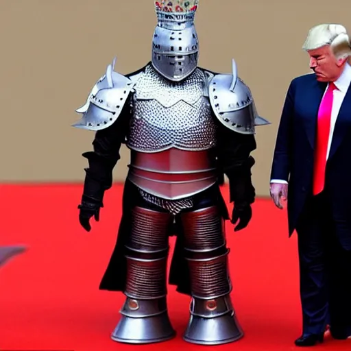 Image similar to full - body - front - shot!!!!!!!, donald trump wearing knight'armor, crown, detailed face!!!!!! of donald trump