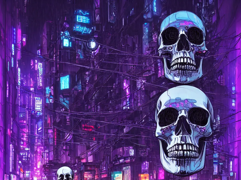 Image similar to high detailed dead android skull in a cyberpunk rainy city at night by Josan Gonzalez, purple and blue neons, unreal engine, high quality, 4K, UHD, trending on ArtStation, wires, blade runner vibes, ghost in the shell, akira, dorohedoro