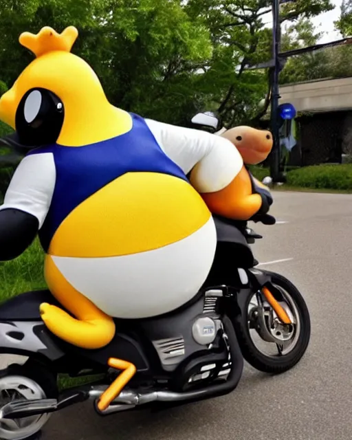 Prompt: A psyduck riding a motorcycle