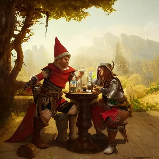 Image similar to An elf ranger and a dwarf berserker having drinks together in a tavern, baroque, oil on canvas, by Greg Rutkowski