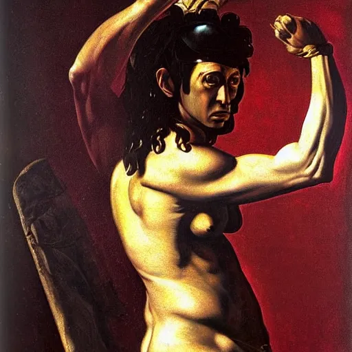 Prompt: full body painting of a muscular female greek warrior, by caravaggio