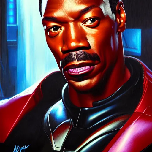 Image similar to a portrait of Cyberpunk Eddie Murphy is Beverly Hills Robocop, soft details, extremely detailed and coherent, matte painting oil on canvas by mark arian by artgerm, 4k, 8k, HD, trending on artstation