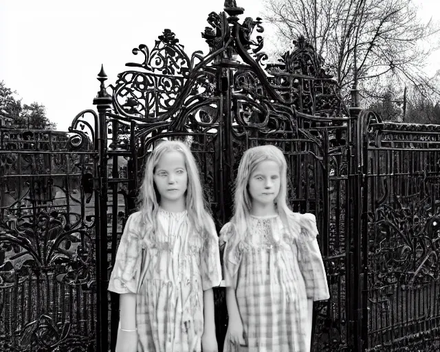 Image similar to black and white photo of Spooky Twin girls standing in front of a Victorian wrought iron gate at sunset