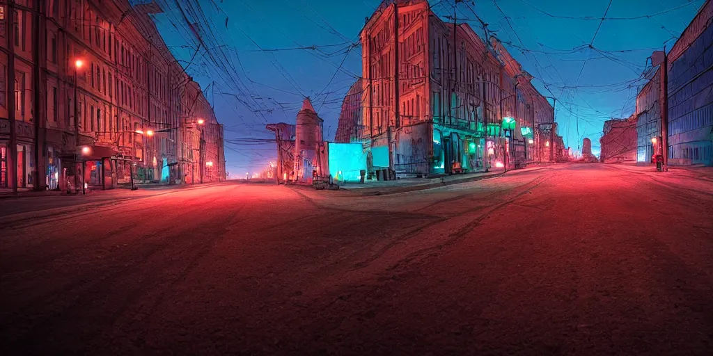 Prompt: photo of city street neon on mars, norilsk st. petersburg city, telephoto, anamorphic cinematography, beautiful composition, color theory, leading lines, photorealistic, moody volumetric lighting