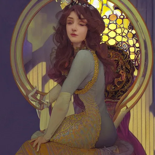 Image similar to condescension of a proud queen to a servant kneeling before her, yellow eyes, sitting in a chair while posing for a photo, highly detailed, digital painting, artstation, smooth, sharp focus, illustration, art by artgerm and alphonse mucha, high definition digital art, in the style of ilya kuvshinov and Ross tran