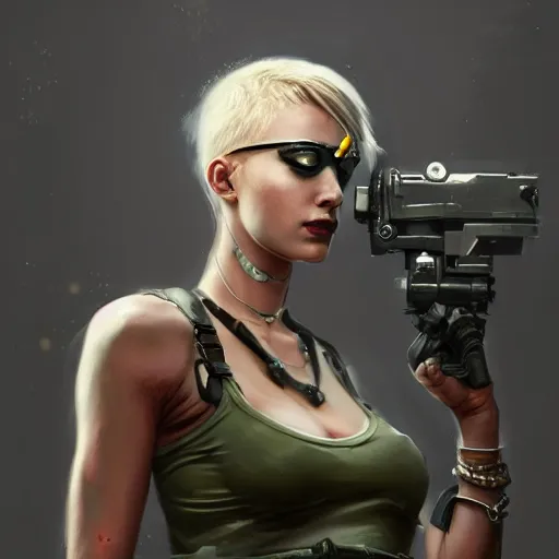 Prompt: tank girl, highly detailed, half android, power implants, body transmogrify, beautiful, mesmerising, look of desire, loving stare, digital painting, trending on artstation, concept art, 4 k, sharp focus, illustration, art by greg rutkowski