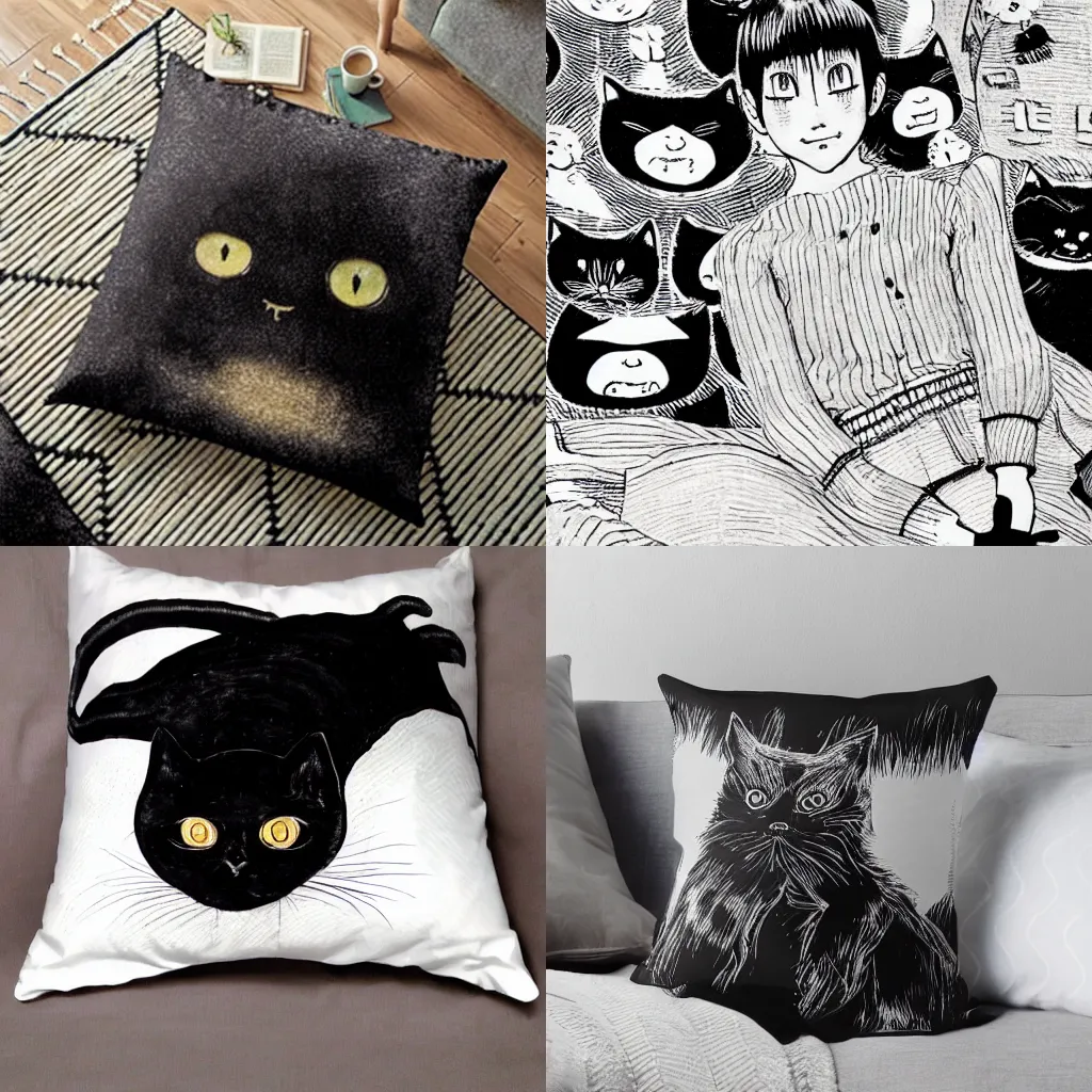 Prompt: junji ito's, 'huge black cat sitting on pillow'-H 640