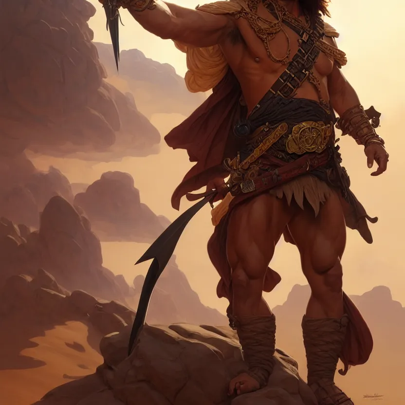 Image similar to , male pirate captain of the desert, muscular upper body, D&D, fantasy, intricate, elegant, highly detailed, digital painting, artstation, concept art, smooth, sharp focus, illustration, art by artgerm and greg rutkowski and alphonse mucha