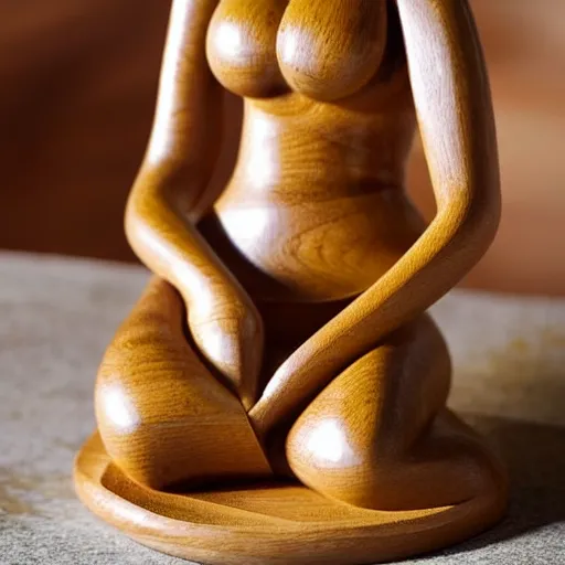Image similar to wooden sculpture of a blonde lady in a bikini cooking sardines, polished maple, thoughtful, elegant, real