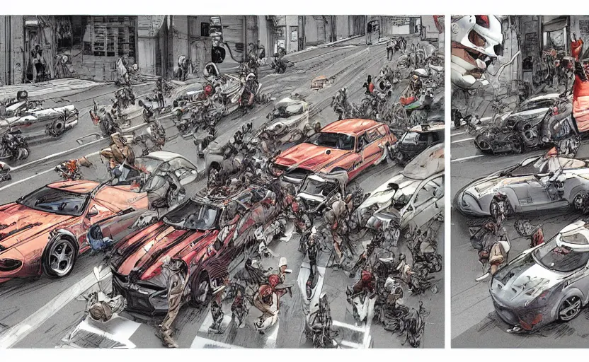 Image similar to action shots of a high speed car chase through a crowded street illustrated by jung gi kim, katsuya terada, jean - david morvan. extremely detailed illustration, action shots, striking perspective