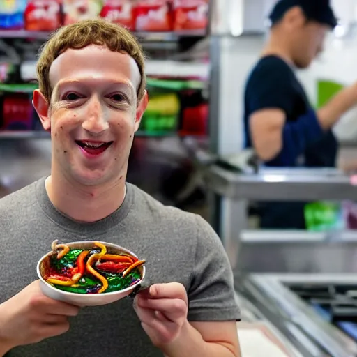 Image similar to mark zuckerberg eating gummy worm ramen