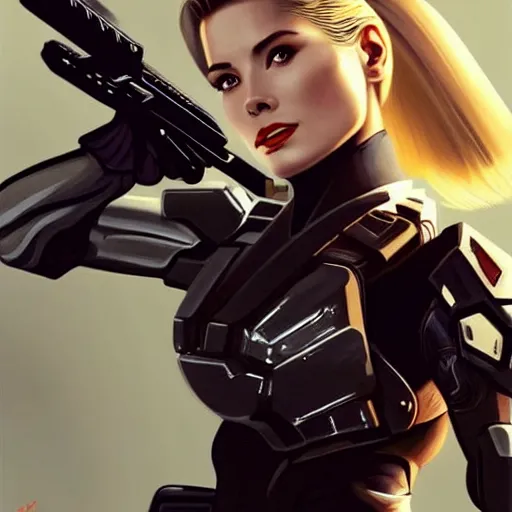 Image similar to A combination of Grace Kelly's and Ada Wong's and Ashley Greene's appearances with blonde hair wearing Forerunner armor from Halo, high tech, action shot, angular, full body portrait, futuristic, dramatic, fantasy, intricate, elegant, highly detailed, artstation, matte, sharp focus, 8K, art by Artgerm and Greg Rutkowski and Alphonse Mucha