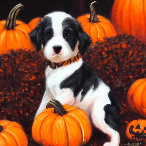 Prompt: a cute puppy amidst piles of pumpkins. halloween autumn fall art. beautiful painting by henriette ronner - knip and artgerm and greg rutkowski