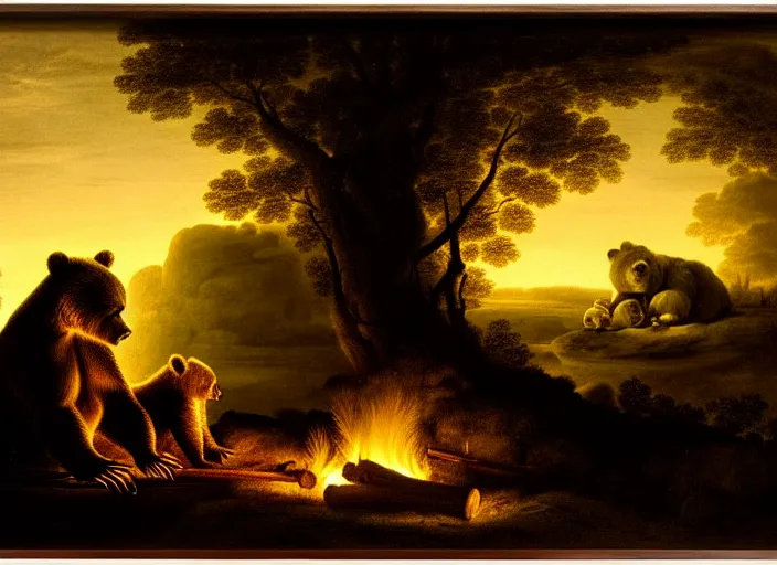 Prompt: Pieter Claesz's 'a bear and her cub sleeping in a dark cave, lit by campfire', night time, cross hatching, backlit, beautiful wooden frame, the colours of the sunset, vibrant