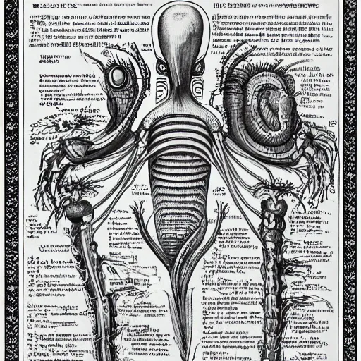 Image similar to encyclopedia of drawing of alien creatures, with organs labeled