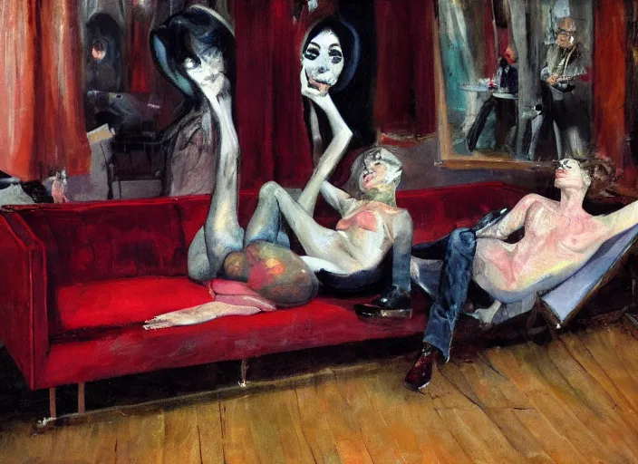 Prompt: realistic lovers collapsed in a the cafe void, curtains, college girls, couches melting, painted by John Singer Sargant, flesh, stylized by Francis Bacon, Adrian Ghenie, 8k