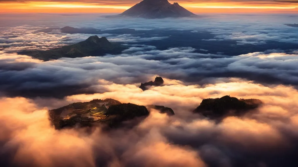 Image similar to amazing landscape photo of a flying island above a lake, above the sky, above clouds, in sunset by marc adamus, beautiful dramatic lighting