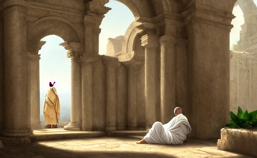 Prompt: distant monk wearing a white garment and sitting inside a great ruined marble temple while being illuminated by daylight, vegetation, detailed, photorealism, oil painting, 4k