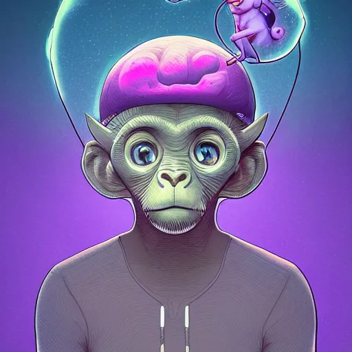 Prompt: a chill frontal portait drawing of a small cute purple monkey with a crazy brain cap by inio, beeple and james jean, aya takano color style, trippy, 8 k, super detailed, night sky, digital art, digital painting, clean