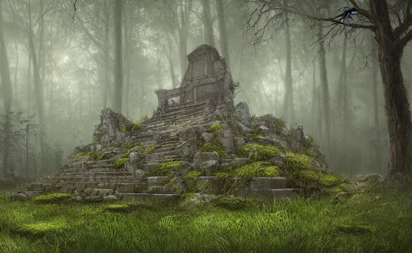 Prompt: mausoleum ruins, covered with grass, fir forest, rain, fog, highly detailed, digital painting, architecture, artstation, concept art, sharp focus, illustration, artgerm, rutkoswki