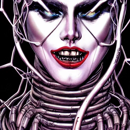 Image similar to a beautiful cybernetic woman with wires for hair, glowing eyes, razor sharp teeth, horror, natural lighting, style of bernie wrightson, style of richard estes, masterpiece, epic. hyper realism, fauvism