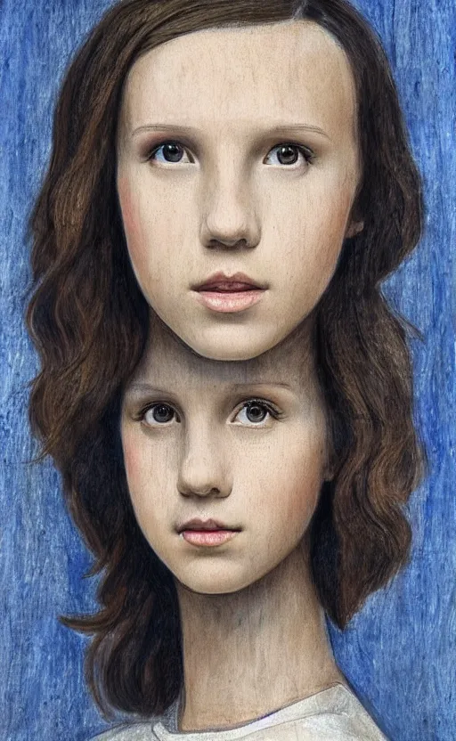 Image similar to millie bobby brown painted by leonardo da vinci and rossdraws