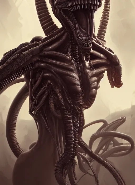 Image similar to xenomorph vogue portrait, artstation, cgsociety, dramatic studio lighting, very detailed, high contrast, intricate, detailed illustration, by artgerm and greg rutkowski and alphonse mucha, octane render, unreal engine, hyperrealism