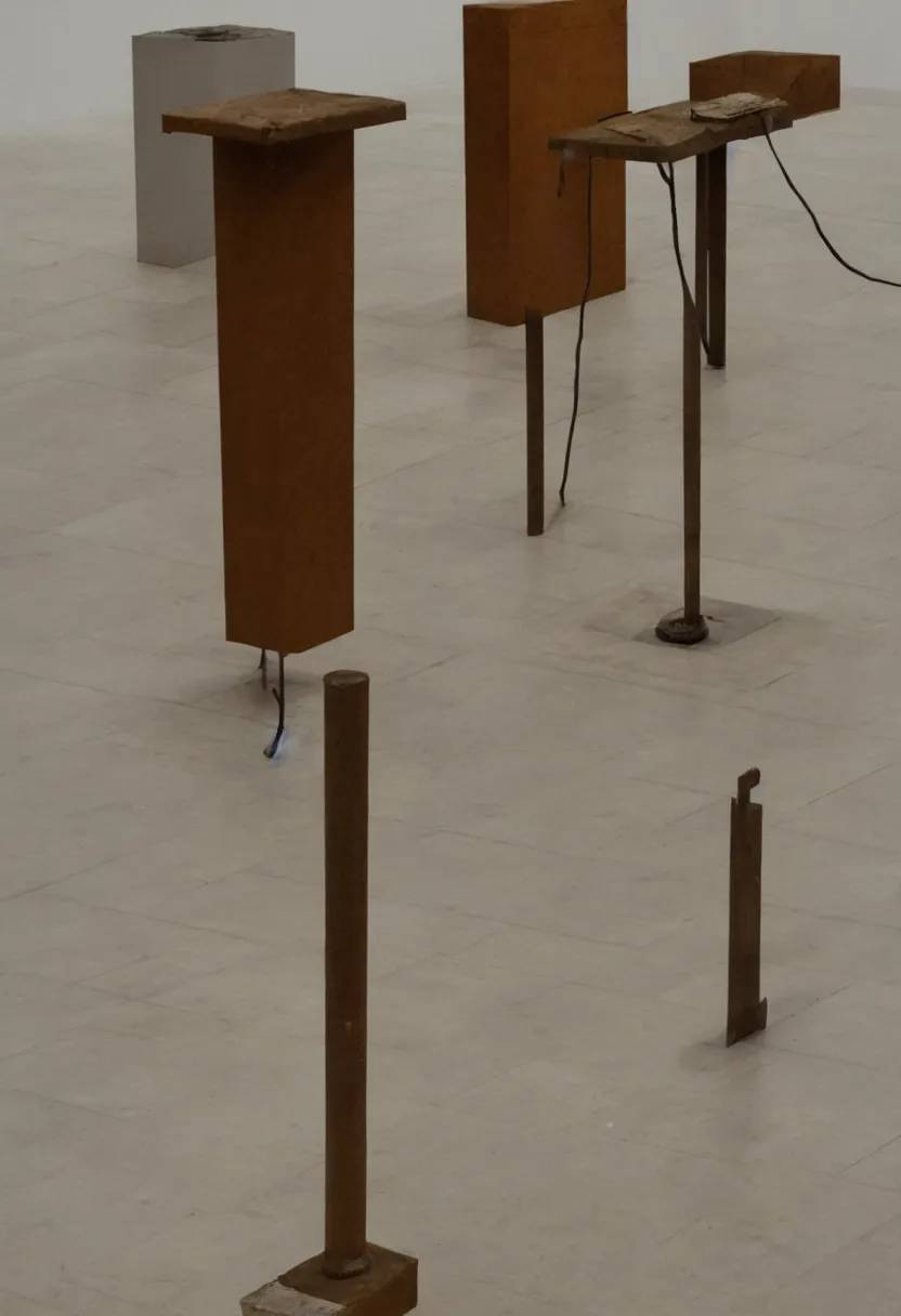 Image similar to a readymade machine on a pedestal, Marcel Duchamp, museum pedestal, minimal empty room