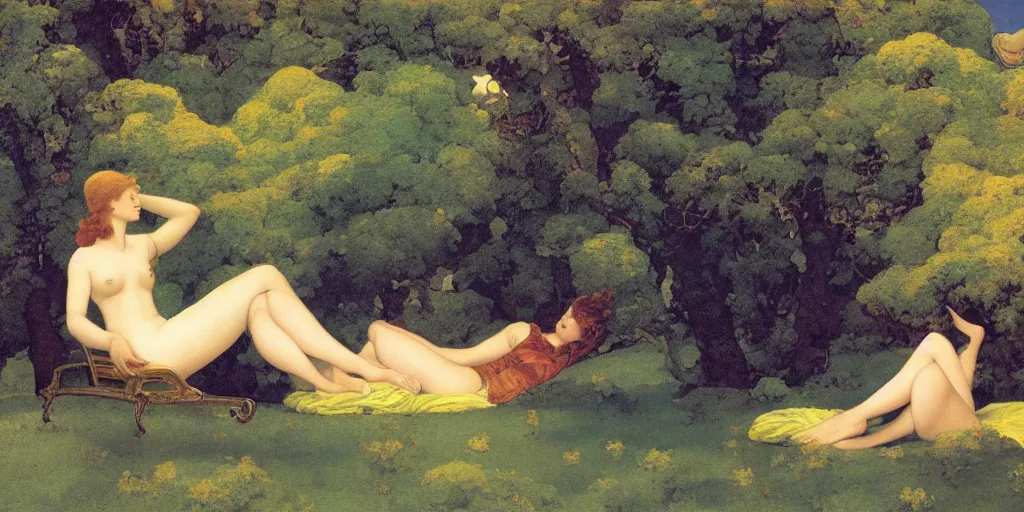 Image similar to a woman and a dryad lounging on a edwardian couch, style of maxfield parrish,