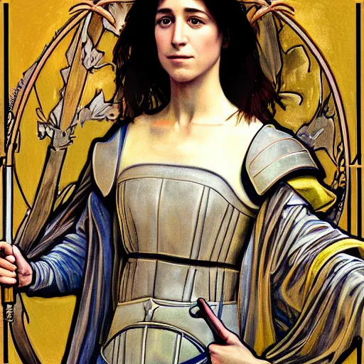 Image similar to portrait of charlotte gainsbourg as joan of arc, hyperreal digital painting, iconography influenced by alphonse mucha and eugene delacroix, arstation and deviantart trends, high resolution 8 k