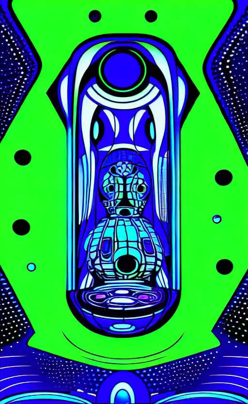 Prompt: trippy spaceship interior alien wall panel from the movie tron, psychedelic dot sculpture, wide angle shot, white background, vector art, illustration by jack kirby