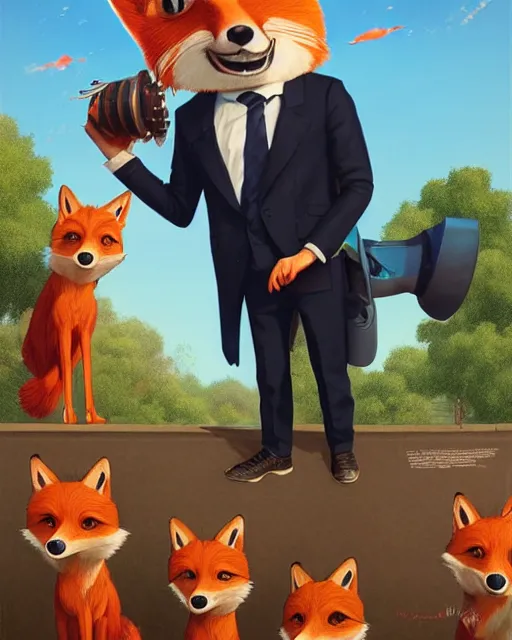 Image similar to a cute male anthropomorphic vulpes vulpes fulva wearing suit watching school playground, pixar style, by tristan eaton stanley artgerm and tom bagshaw