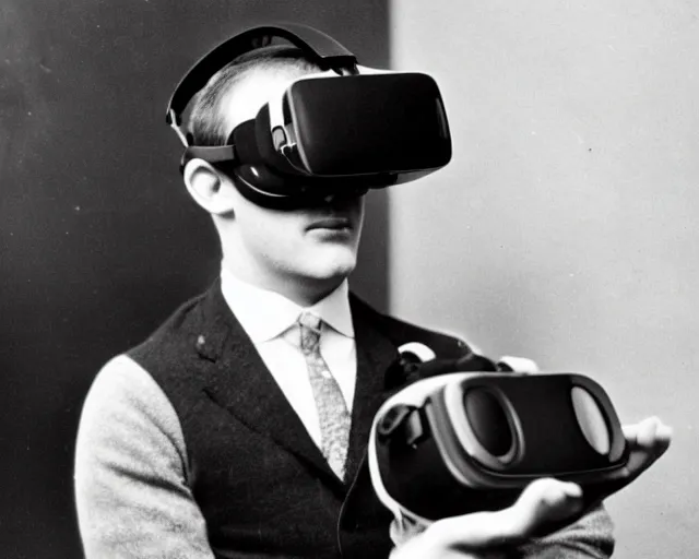Image similar to 1 9 2 0 s photo of a person wearing a vr virtual reality headset